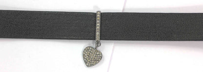 Heart Shape Leather Choker Necklaces With Pave Diamond. 925 Oxidized Sterling Silver Diamond necklaces, Genuine handmade pave diamond necklaces.