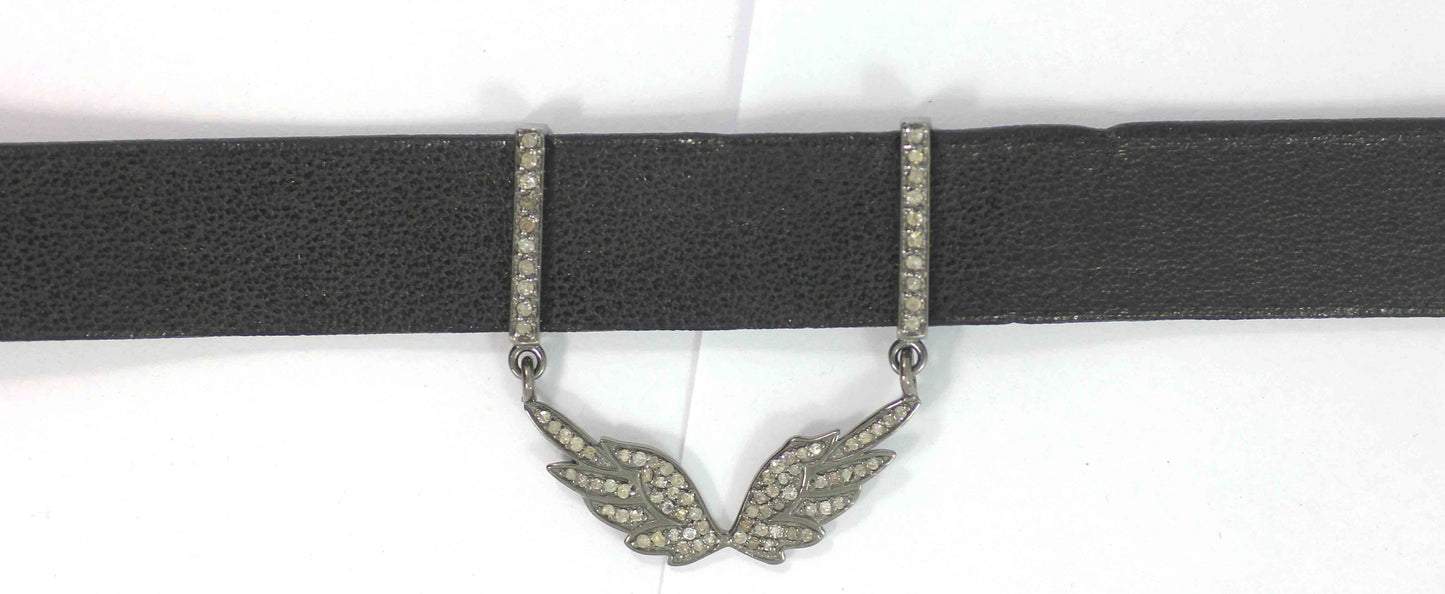 Wings Shape Leather Choker Necklaces With Pave Diamond. 925 Oxidized Sterling Silver Diamond necklaces, Genuine handmade pave diamond necklaces.