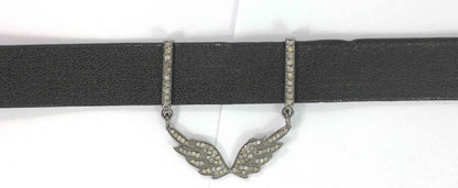 Wings Shape Leather Choker Necklaces With Pave Diamond. 925 Oxidized Sterling Silver Diamond necklaces, Genuine handmade pave diamond necklaces.
