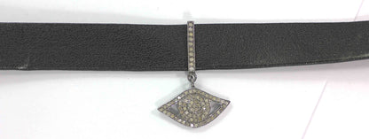 Evil Eye Leather Choker Necklaces With Pave Diamond. 925 Oxidized Sterling Silver Diamond necklaces, Genuine handmade pave diamond necklaces.