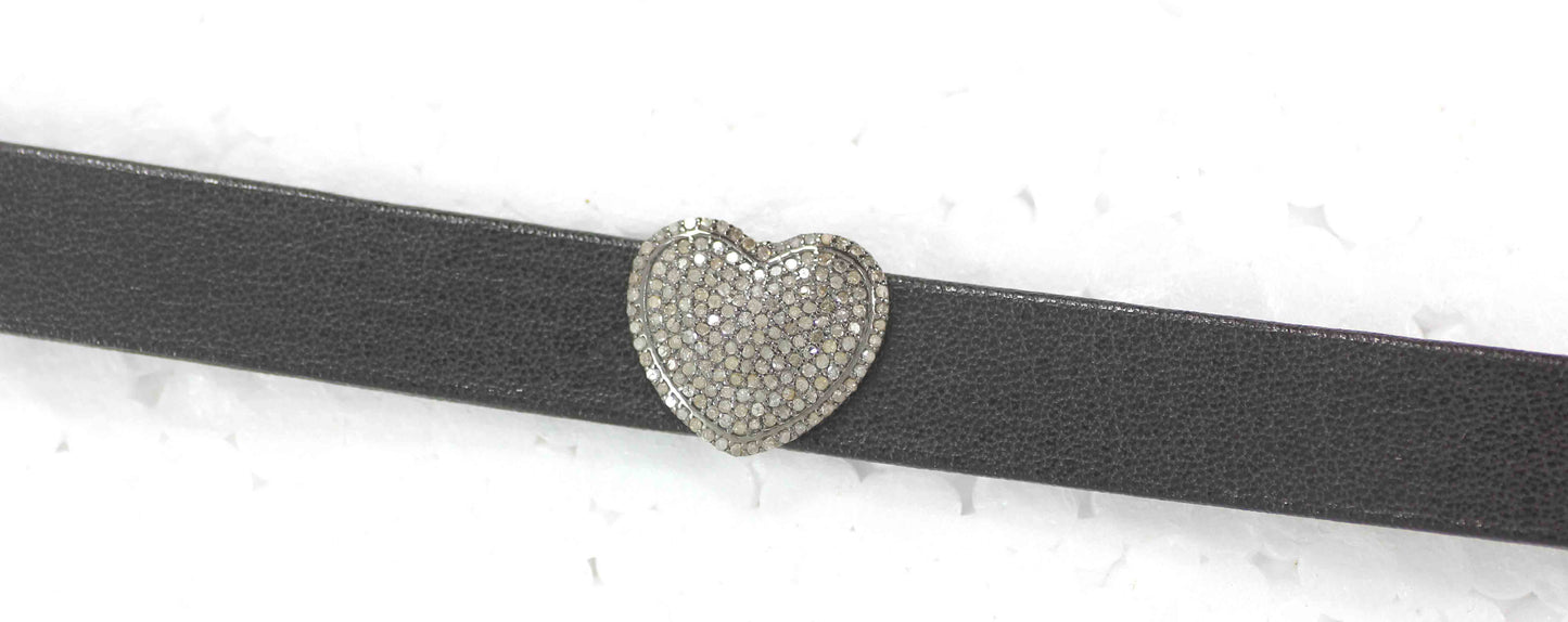 Heart Shape Leather Choker Necklaces With Pave Diamond. 925 Oxidized Sterling Silver Diamond necklaces, Genuine handmade pave diamond necklaces.