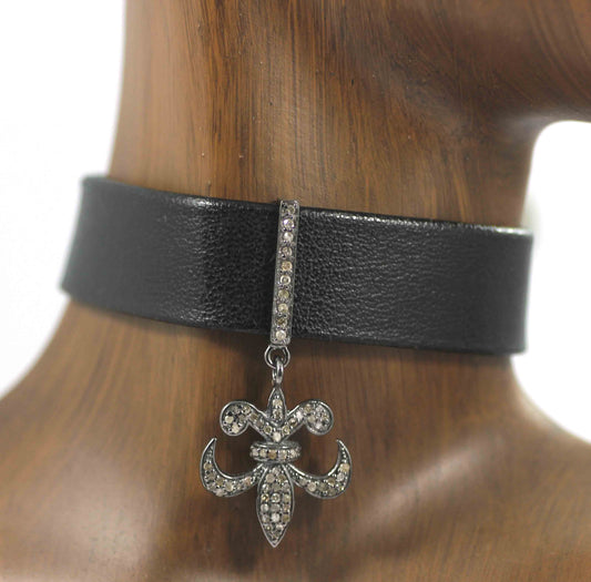 Fleur Di Lis Shape Leather Choker Necklaces With Pave Diamond. 925 Oxidized Sterling Silver Diamond necklaces, Genuine handmade pave diamond necklaces.
