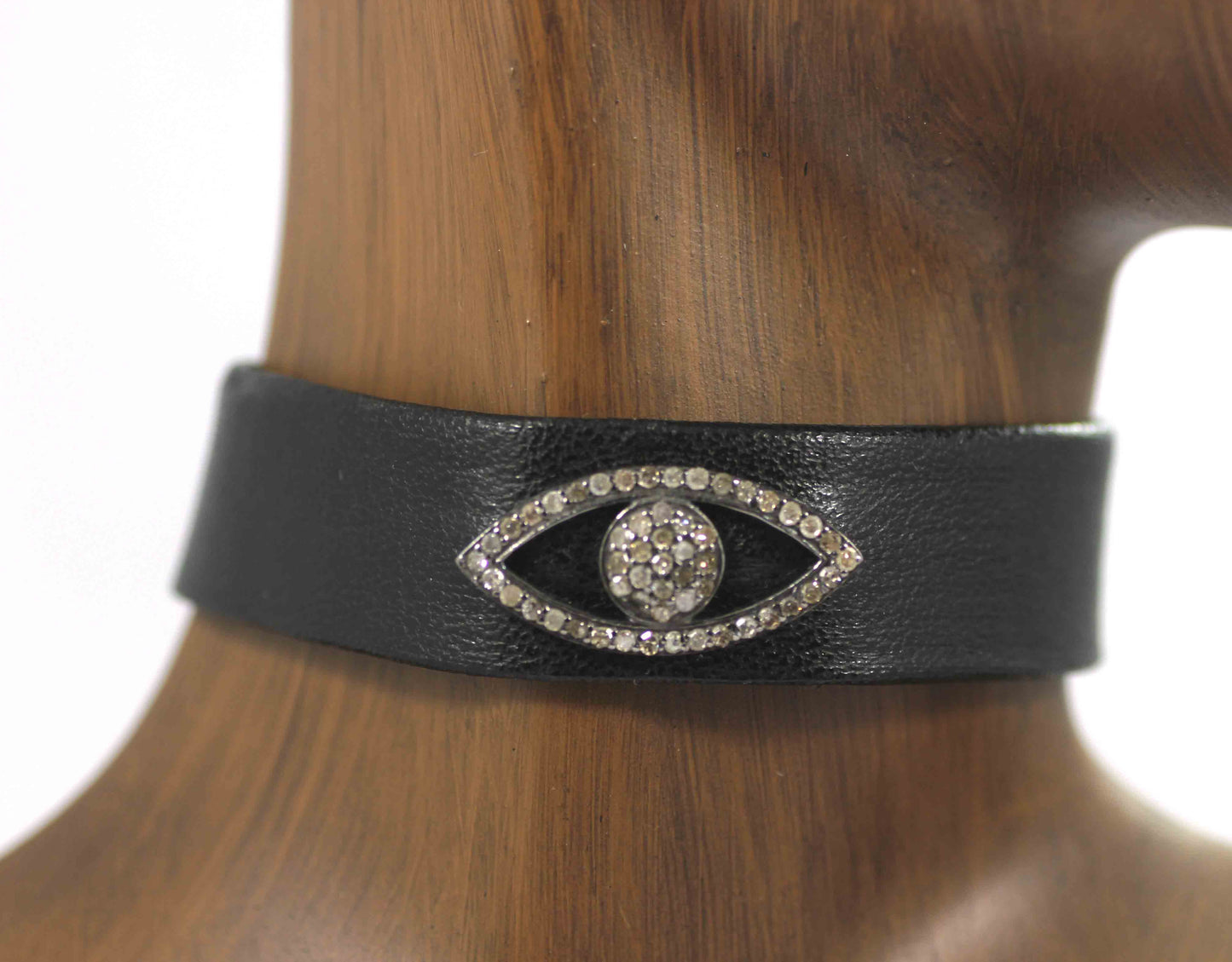 Evil Eye Leather Choker Necklaces With Pave Diamond. 925 Oxidized Sterling Silver Diamond necklaces, Genuine handmade pave diamond necklaces.