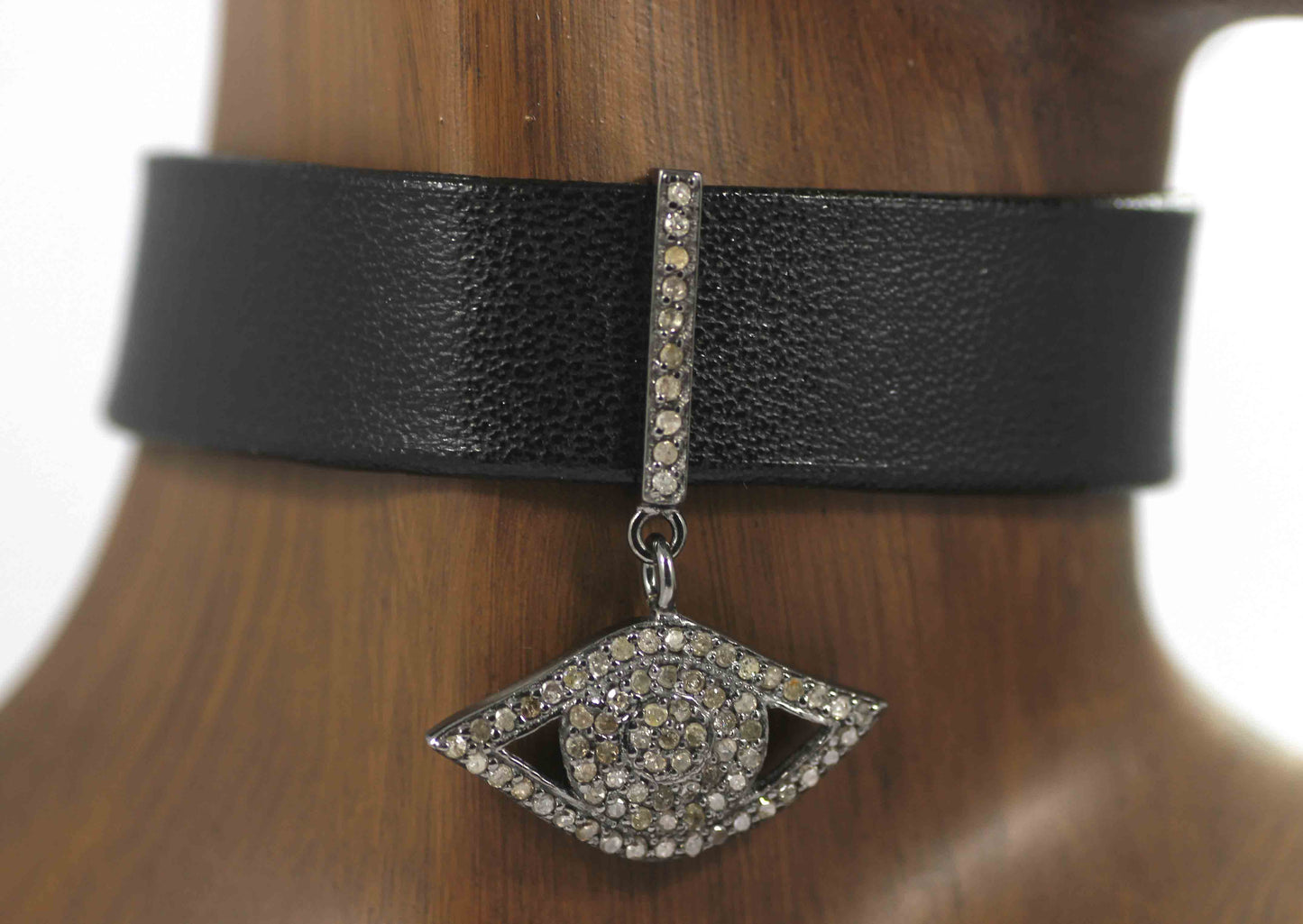 Evil Eye Leather Choker Necklaces With Pave Diamond. 925 Oxidized Sterling Silver Diamond necklaces, Genuine handmade pave diamond necklaces.