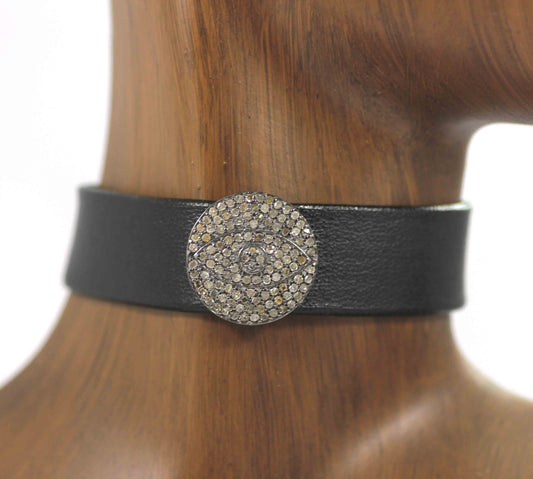 Evil Eye Shape Leather Choker Necklaces With Pave Diamond. 925 Oxidized Sterling Silver Diamond necklaces, Genuine handmade pave diamond necklaces.