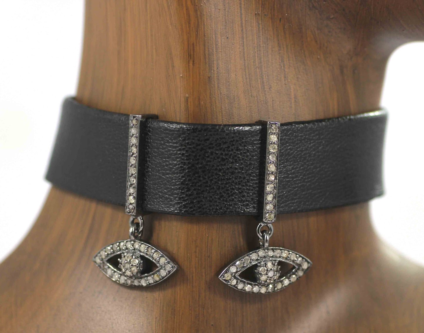 Evil Eye Leather Choker Necklaces With Pave Diamond. 925 Oxidized Sterling Silver Diamond necklaces, Genuine handmade pave diamond necklaces.