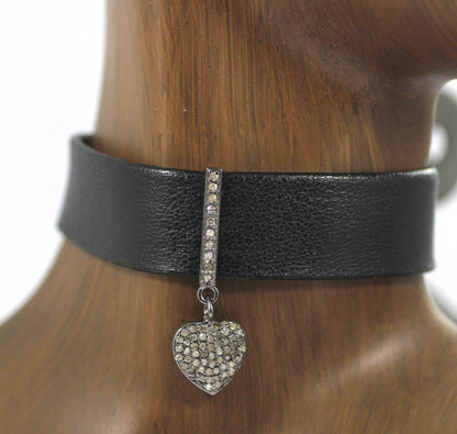 Heart Shape Leather Choker Necklaces With Pave Diamond. 925 Oxidized Sterling Silver Diamond necklaces, Genuine handmade pave diamond necklaces.