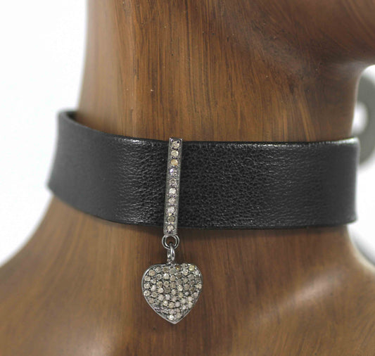 Heart Shape Leather Choker Necklaces With Pave Diamond. 925 Oxidized Sterling Silver Diamond necklaces, Genuine handmade pave diamond necklaces.