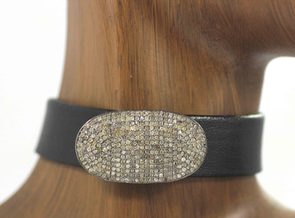 Leather Choker Necklaces With Pave Diamond. 925 Oxidized Sterling Silver Diamond necklaces, Genuine handmade pave diamond necklaces.