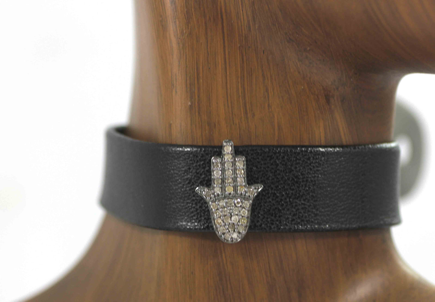 Hamsa Hand Shape Leather Choker Necklaces With Pave Diamond. 925 Oxidized Sterling Silver Diamond necklaces, Genuine handmade pave diamond necklaces.