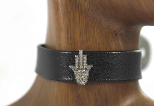 Hamsa Hand Shape Leather Choker Necklaces With Pave Diamond. 925 Oxidized Sterling Silver Diamond necklaces, Genuine handmade pave diamond necklaces.