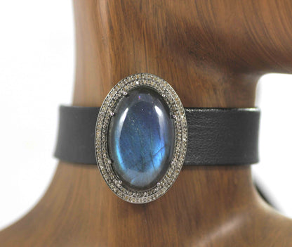 Leather Choker Necklaces With Pave Diamond. 925 Oxidized Sterling Silver Diamond necklaces, Genuine handmade pave diamond necklaces. Size