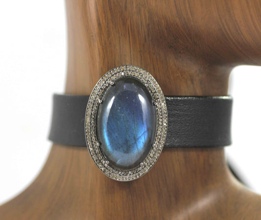 Leather Choker Necklaces With Pave Diamond. 925 Oxidized Sterling Silver Diamond necklaces, Genuine handmade pave diamond necklaces. Size