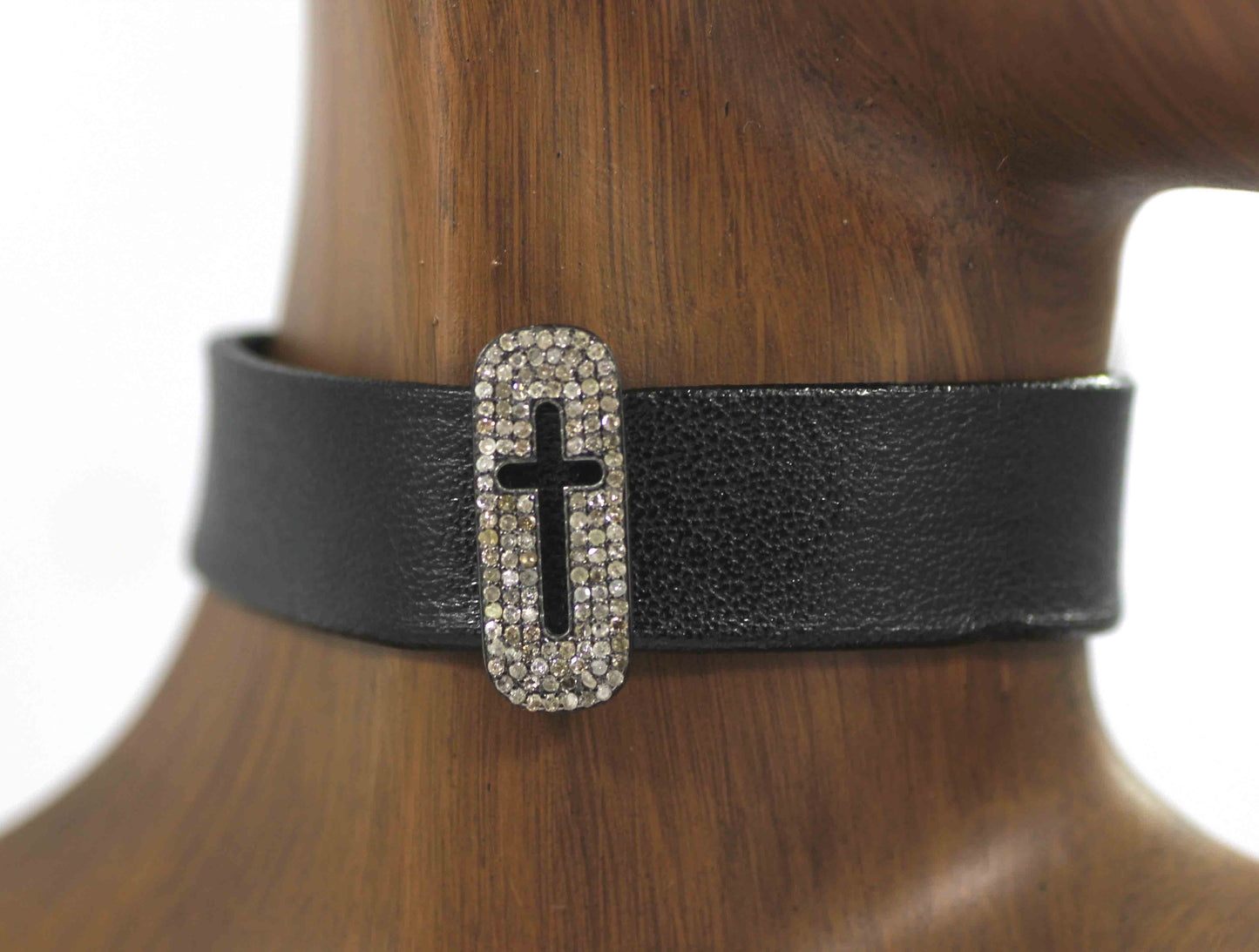 Cross Shape Leather Choker Necklaces With Pave Diamond. 925 Oxidized Sterling Silver Diamond necklaces, Genuine handmade pave diamond necklaces.