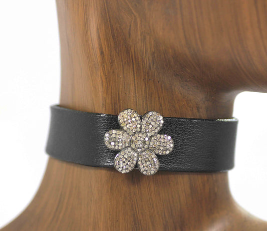 Flower Shape Leather Choker Necklaces With Pave Diamond. 925 Oxidized Sterling Silver Diamond necklaces, Genuine handmade pave diamond necklaces.