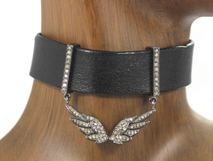Wings Shape Leather Choker Necklaces With Pave Diamond. 925 Oxidized Sterling Silver Diamond necklaces, Genuine handmade pave diamond necklaces.