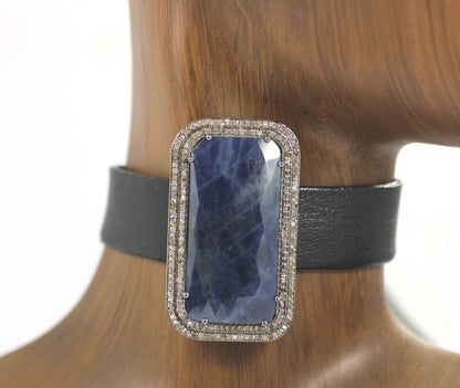 Rectangle Shape Leather Choker Necklaces With Pave Diamond. 925 Oxidized Sterling Silver Diamond necklaces, Genuine handmade pave diamond necklaces.