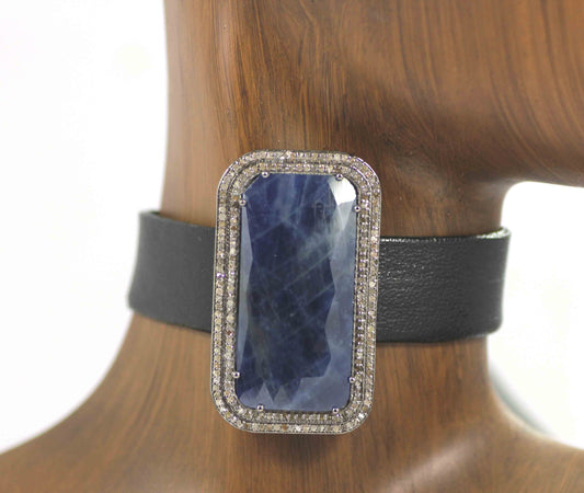 Rectangle Shape Leather Choker Necklaces With Pave Diamond. 925 Oxidized Sterling Silver Diamond necklaces, Genuine handmade pave diamond necklaces.