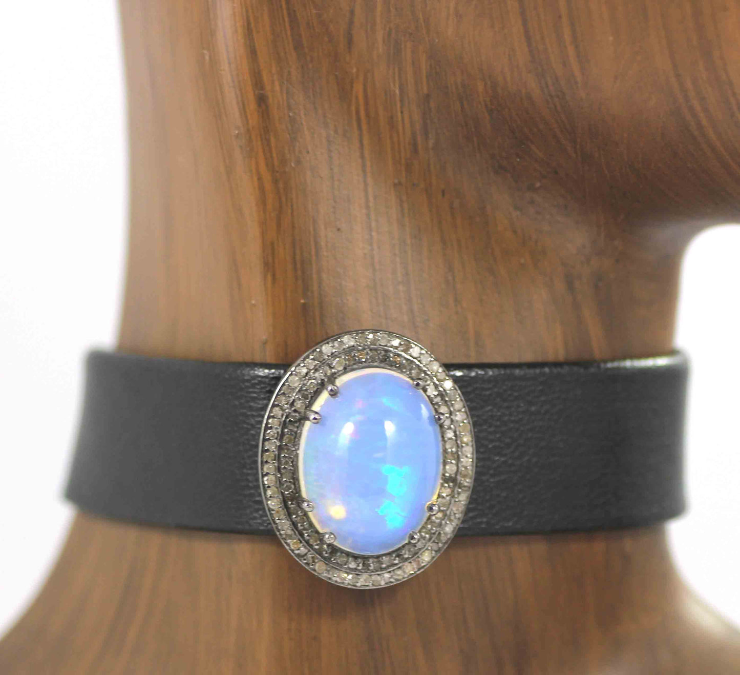 Oval Shape Leather Choker Necklaces With Pave Diamond. 925 Oxidized Sterling Silver Diamond necklaces, Genuine handmade pave diamond necklaces.