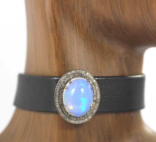 Oval Shape Leather Choker Necklaces With Pave Diamond. 925 Oxidized Sterling Silver Diamond necklaces, Genuine handmade pave diamond necklaces.