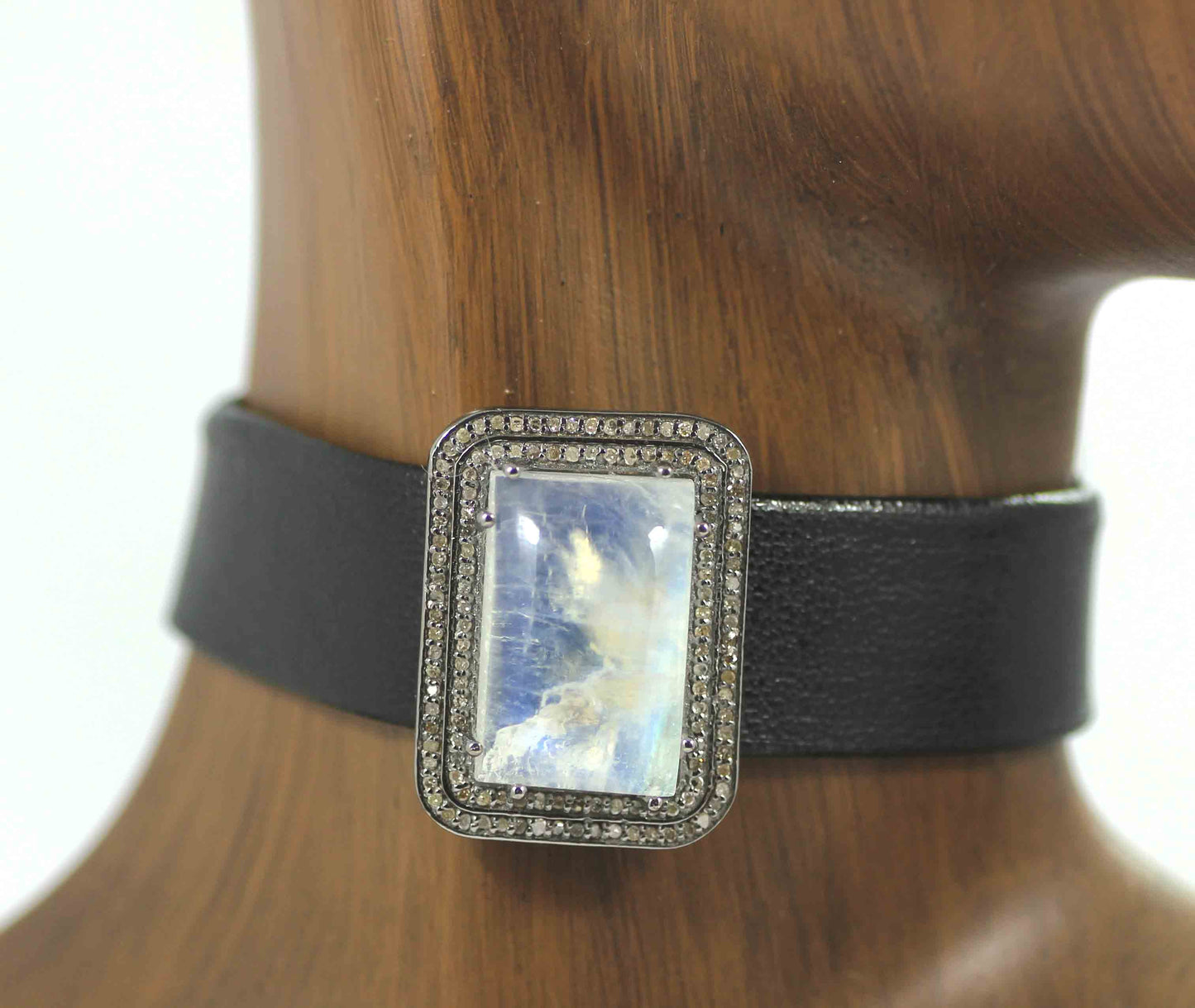 Leather Choker Necklaces With Pave Diamond. 925 Oxidized Sterling Silver Diamond necklaces, Genuine handmade pave diamond necklaces.