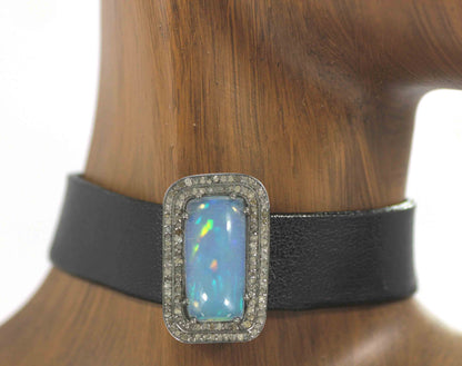 Rectangle Shape Leather Choker Necklaces With Pave Diamond. 925 Oxidized Sterling Silver Diamond necklaces, Genuine handmade pave diamond necklaces.