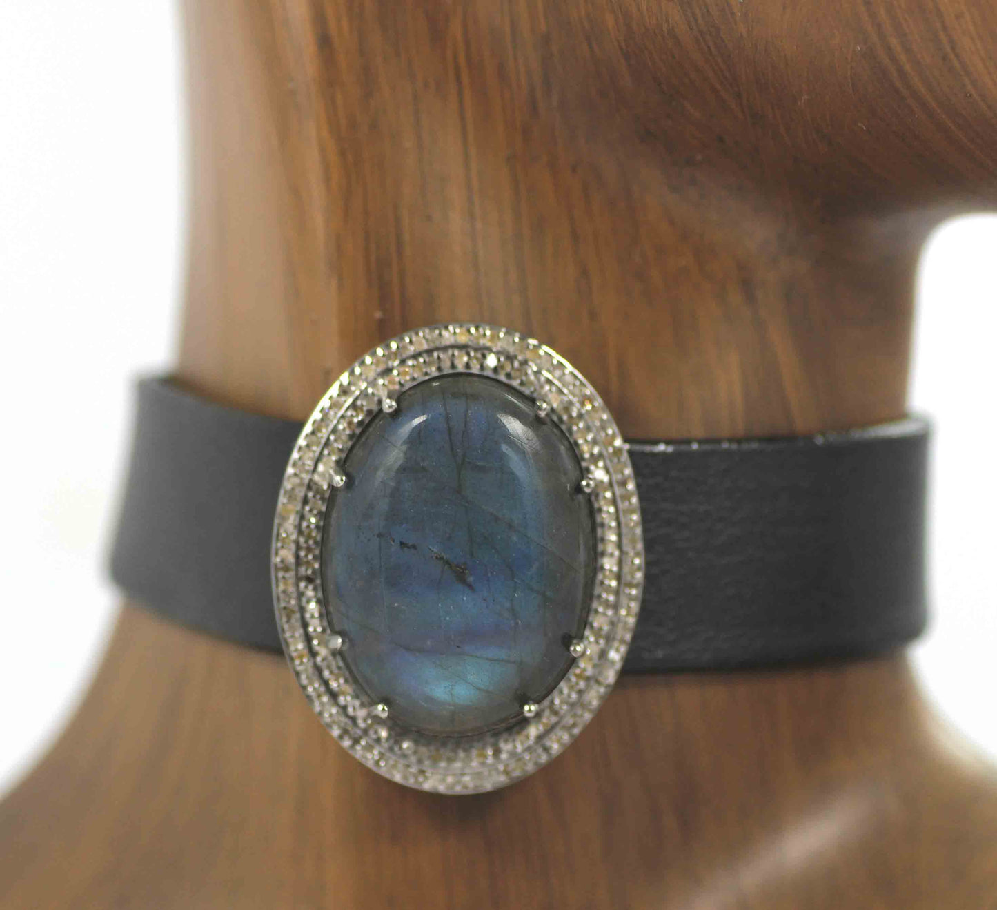 Leather Choker Necklaces With Pave Diamond. 925 Oxidized Sterling Silver Diamond necklaces, Genuine handmade pave diamond necklaces.