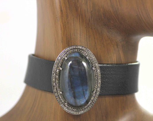 Leather Choker Necklaces With Pave Diamond. 925 Oxidized Sterling Silver Diamond necklaces, Genuine handmade pave diamond necklaces.