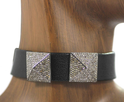 Leather Choker Necklaces With Pave Diamond. 925 Oxidized Sterling Silver Diamond necklaces, Genuine handmade pave diamond necklaces.