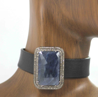 Rectangle Shape Leather Choker Necklaces With Pave Diamond. 925 Oxidized Sterling Silver Diamond necklaces, Genuine handmade pave diamond necklaces.
