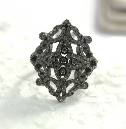Silver Pave Diamond Ring .925 Oxidized Sterling Silver Diamond Ring, Genuine handmade pave diamond Ring.