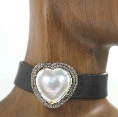 Leather Choker Necklaces With Pave Diamond. 925 Oxidized Sterling Silver Diamond necklaces, Genuine handmade pave diamond necklaces.