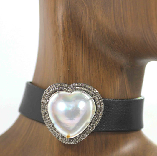 Leather Choker Necklaces With Pave Diamond. 925 Oxidized Sterling Silver Diamond necklaces, Genuine handmade pave diamond necklaces.