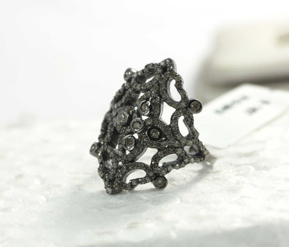 Silver Pave Diamond Ring .925 Oxidized Sterling Silver Diamond Ring, Genuine handmade pave diamond Ring.