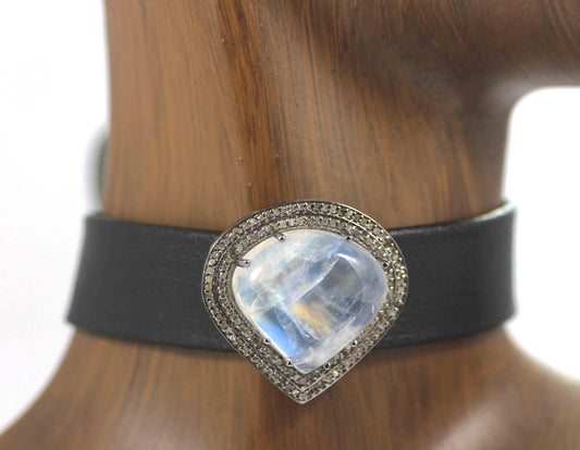Drop Shape Leather Choker Necklaces With Pave Diamond. 925 Oxidized Sterling Silver Diamond necklaces, Genuine handmade pave diamond necklaces.