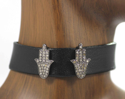 Hamsa Hand Shape Leather Choker Necklaces With Pave Diamond. 925 Oxidized Sterling Silver Diamond necklaces, Genuine handmade pave diamond necklaces.