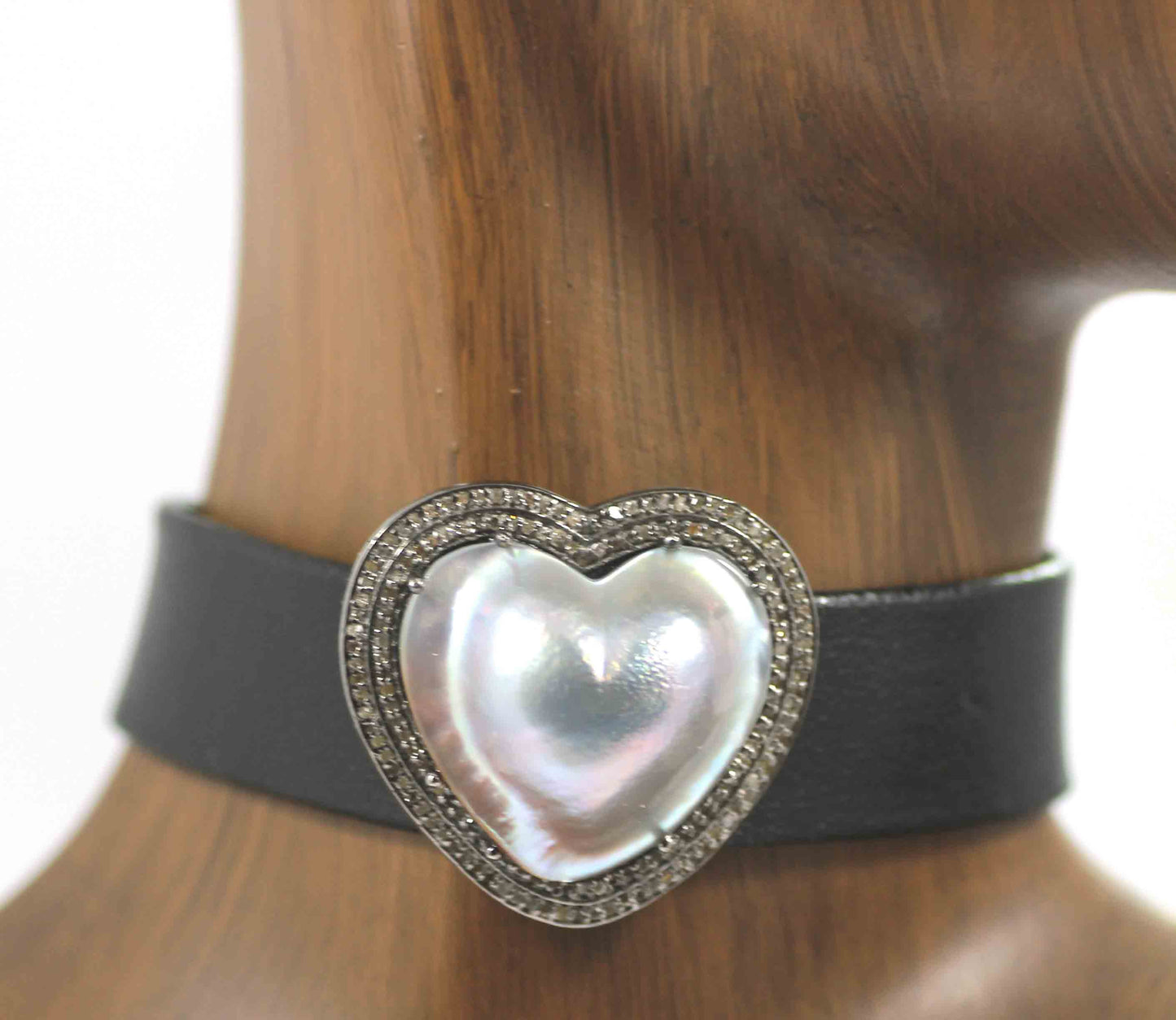 Heart Shape Leather Choker Necklaces With Pave Diamond. 925 Oxidized Sterling Silver Diamond necklaces, Genuine handmade pave diamond necklaces.