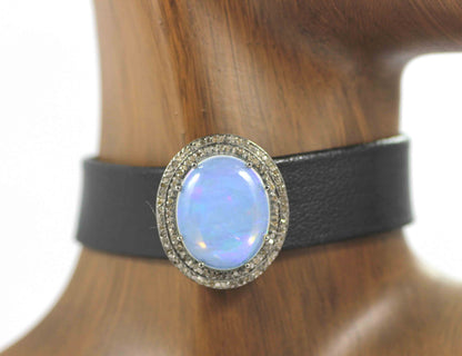 Oval Shape Leather Choker Necklaces With Pave Diamond. 925 Oxidized Sterling Silver Diamond necklaces, Genuine handmade pave diamond necklaces.