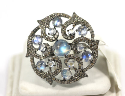 Flower Pave Diamond Ring .925 Oxidized Sterling Silver Diamond Ring, Genuine handmade pave diamond Ring Size Approx 1.28"(32 MM)