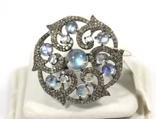 Flower Pave Diamond Ring .925 Oxidized Sterling Silver Diamond Ring, Genuine handmade pave diamond Ring Size Approx 1.28"(32 MM)
