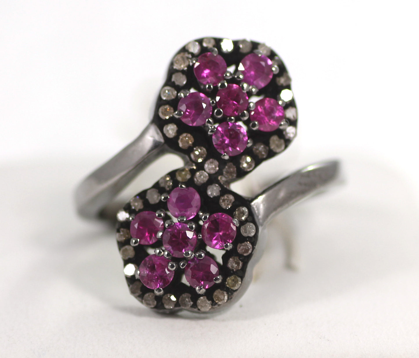 Double Flower Pave Diamond Ring .925 Oxidized Sterling Silver Diamond Ring, Genuine handmade pave diamond Ring Size Approx