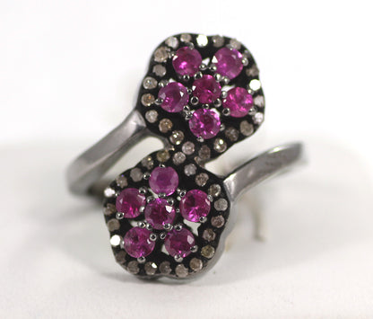 Double Flower Pave Diamond Ring .925 Oxidized Sterling Silver Diamond Ring, Genuine handmade pave diamond Ring Size Approx