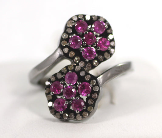 Double Flower Pave Diamond Ring .925 Oxidized Sterling Silver Diamond Ring, Genuine handmade pave diamond Ring Size Approx