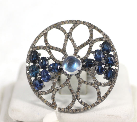 Pave Diamond Ring .925 Oxidized Sterling Silver Diamond Ring, Genuine handmade pave diamond Ring Size Approx 1.16"(29 MM)