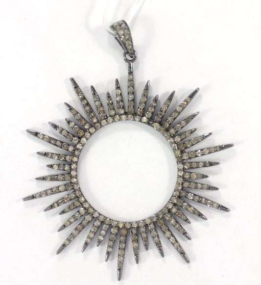 Sunburst Silver Pave Diamond Pendant .925 Oxidized Sterling Silver Diamond Pendant, Genuine handmade pave diamond Pendant Size 43 MM