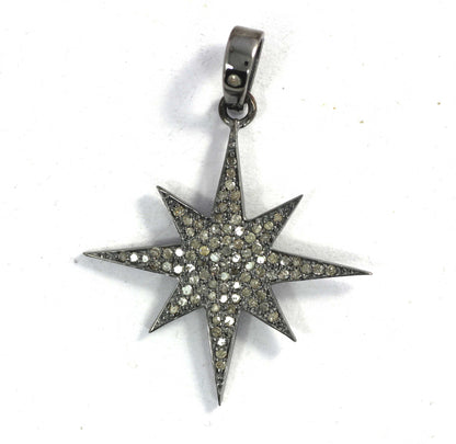 Star Shape Diamond Pendant .925 Oxidized Sterling Silver Diamond Pendant, Genuine handmade pave diamond Pendant.