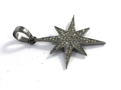 Star Shape Diamond Pendant .925 Oxidized Sterling Silver Diamond Pendant, Genuine handmade pave diamond Pendant.