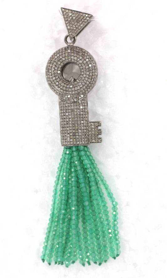 Key Shape Diamond And Green Onyx Tassel Necklace
