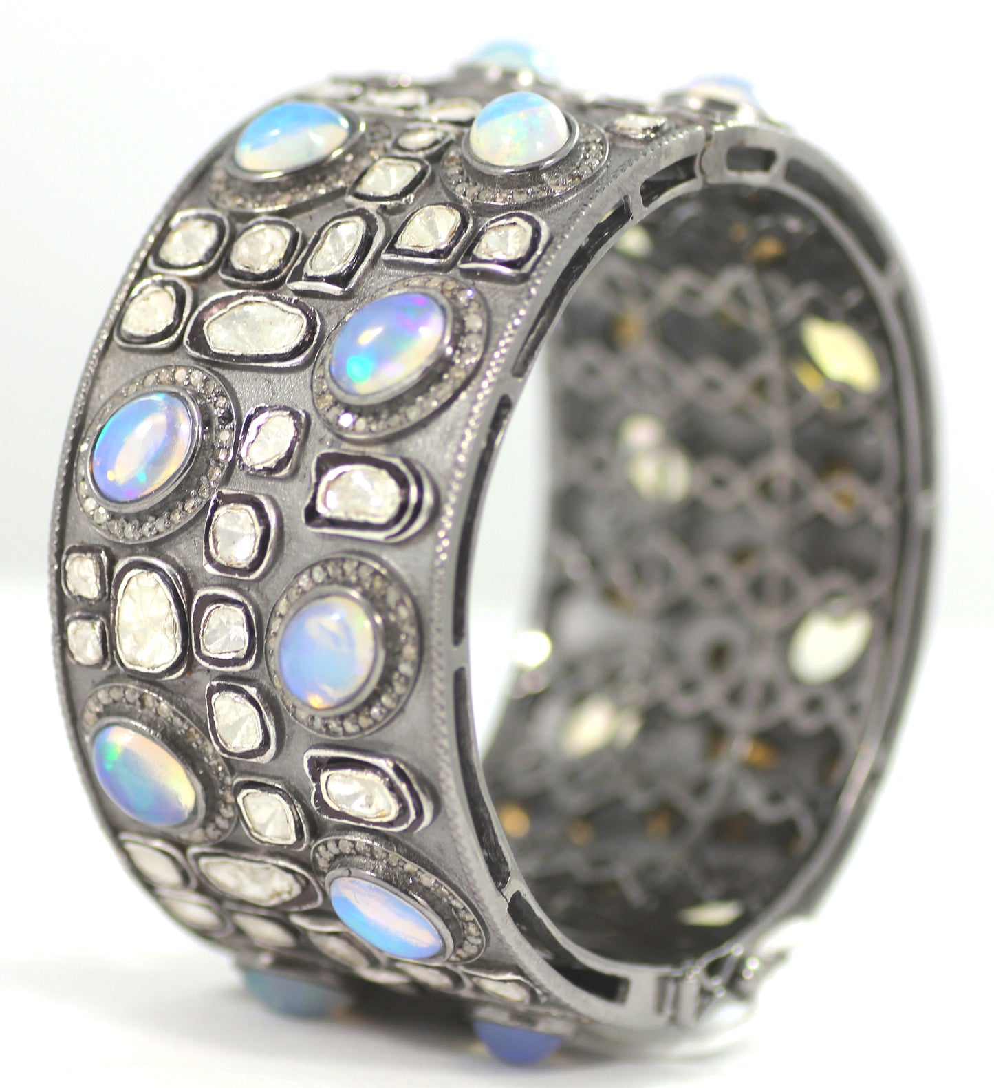 Polki Diamond Silver Bracelet .925 Oxidized Sterling Silver Diamond Bracelet, Genuine handmade pave diamond Bracelet. Size 58 mm