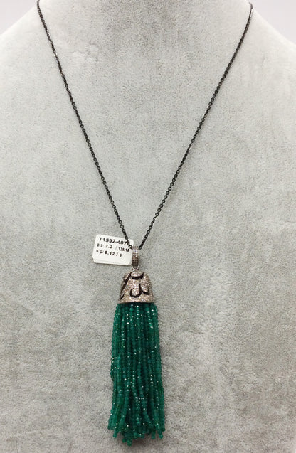 Diamond And Green onyx Tassel Necklace. 925 Oxidized Sterling Silver Diamond Tassel.
